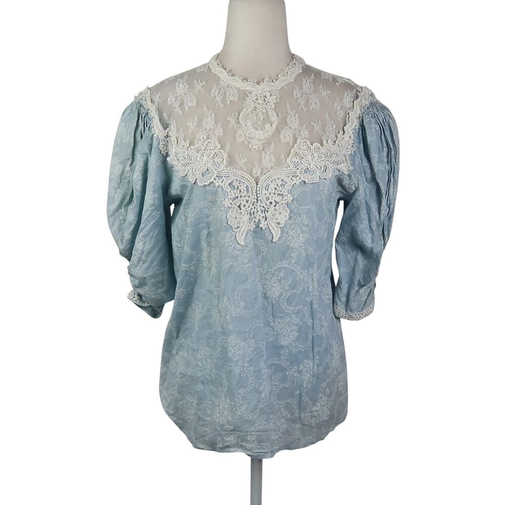 Vintage 80s Scott McClintock Blue Floral Cream Lace Victorian Prairie Top 10